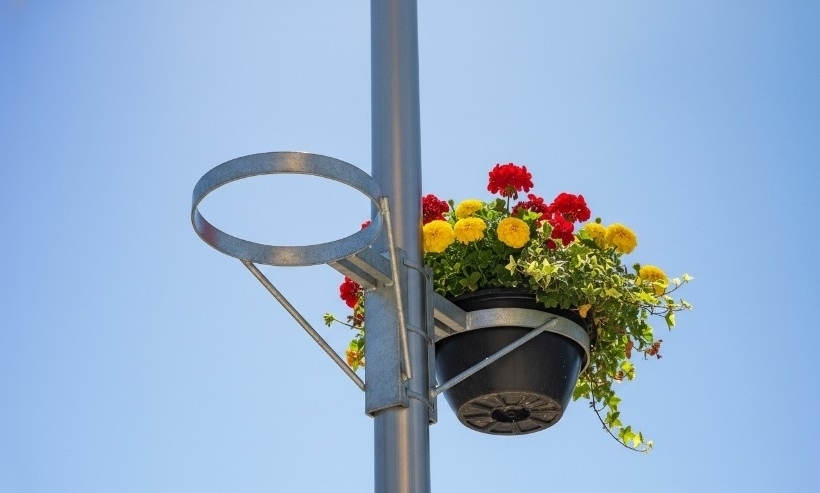 Galvanized steel floral hoop mounted on a street pole holding a hanging flower basket.